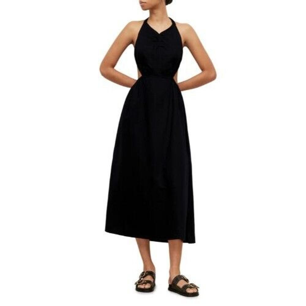 All Saints Ludo Linen & Cotton Halter Dress Womens 4 Black Cut Out Open Back A01